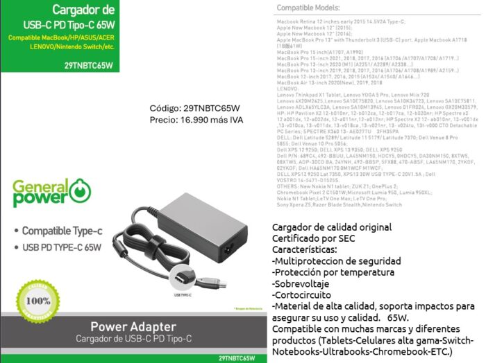 Cargador Notebook  USB TIPO-C 65W General Power