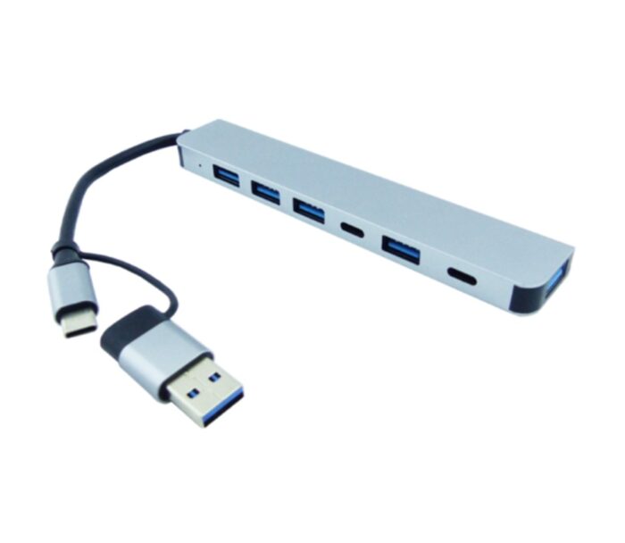 HUB 7 En 1 Doble Conector USB/Type-C para 5 Puertos USB más 2 PD En Aluminio.